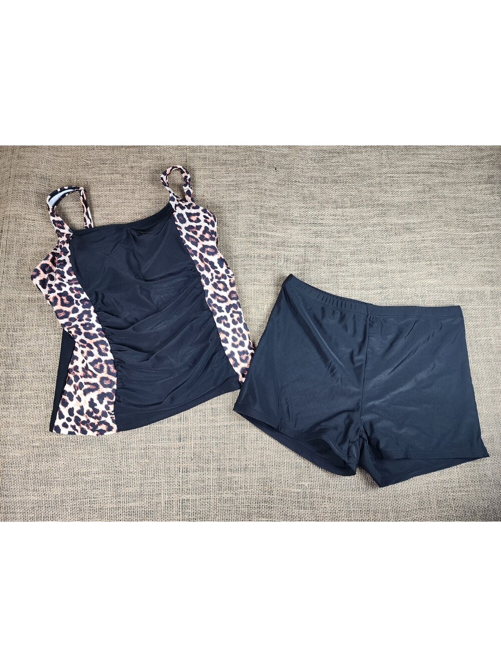 Black and Leopard Print Two-Piece Swim Set Tankini Top and Swim Shorts Size L